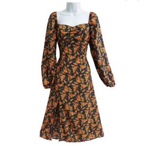 Missguided Sweetheart Milkmaid Midi Dark Blue Dress Orange  🌻 w/ thigh slit
